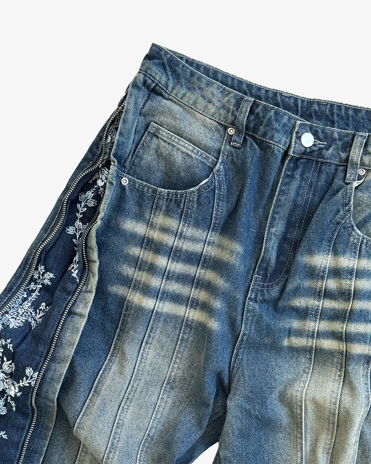 FLORAL ZIP JEANS WASHED BLUE-Coordom