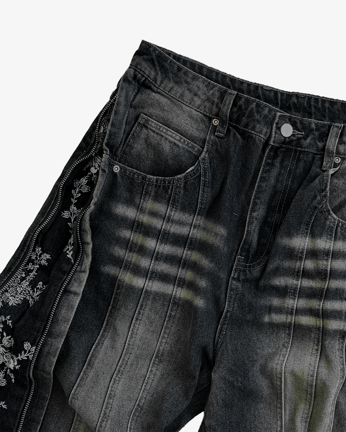 FLORAL ZIP JEANS WASHED BLACK-Coordom
