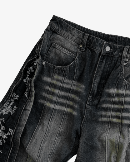 FLORAL ZIP JEANS WASHED BLACK-Coordom