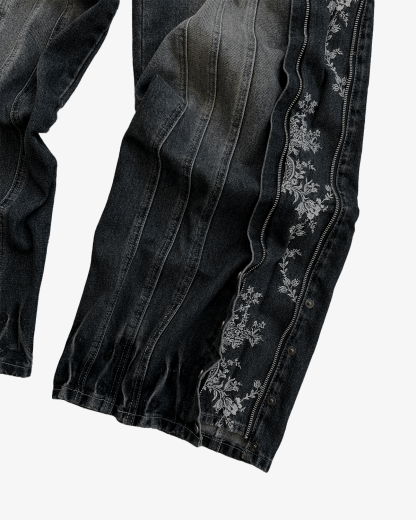 FLORAL ZIP JEANS WASHED BLACK-Coordom