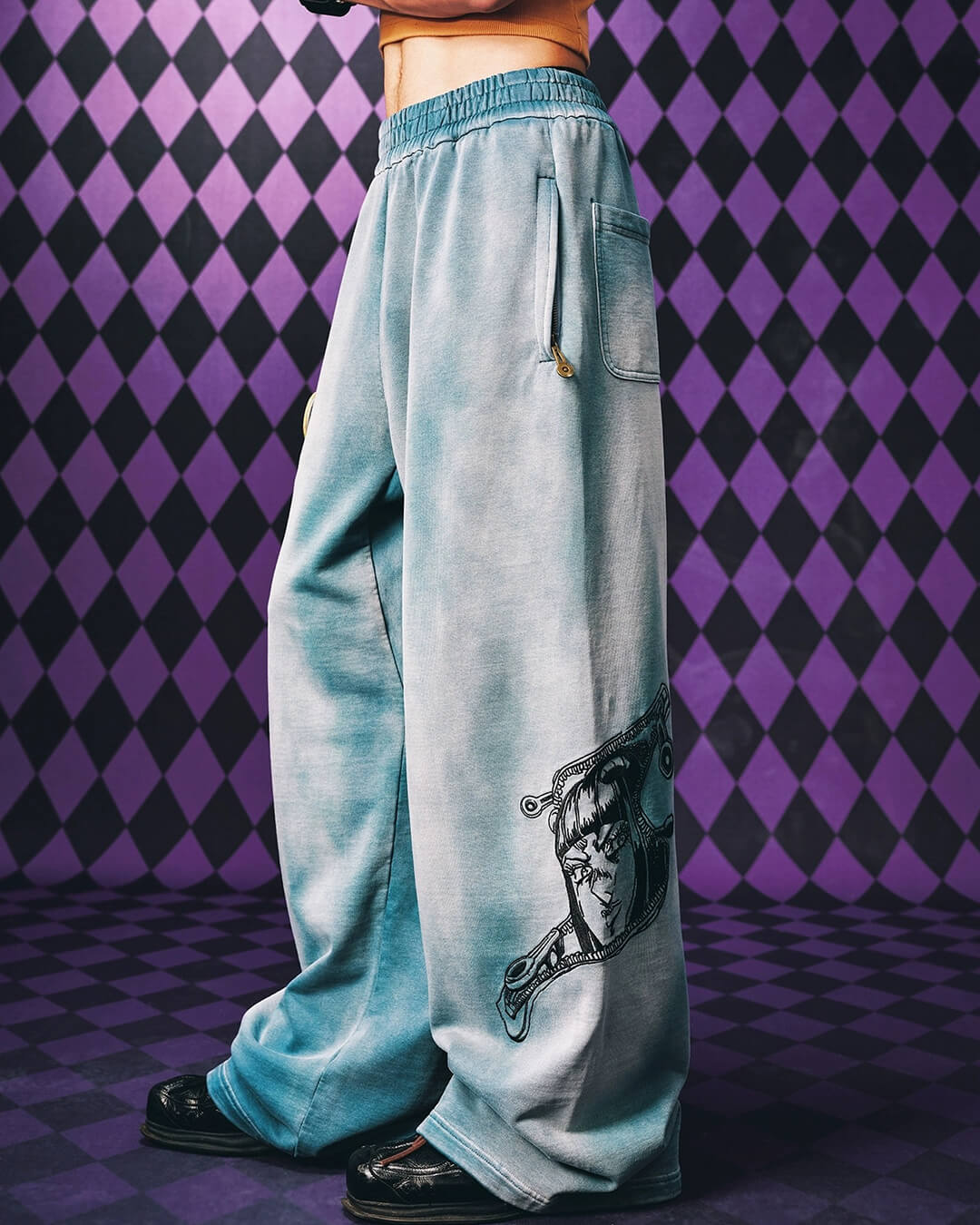 JOJO  Embroidered Print Washed Sweatpants-Coordom