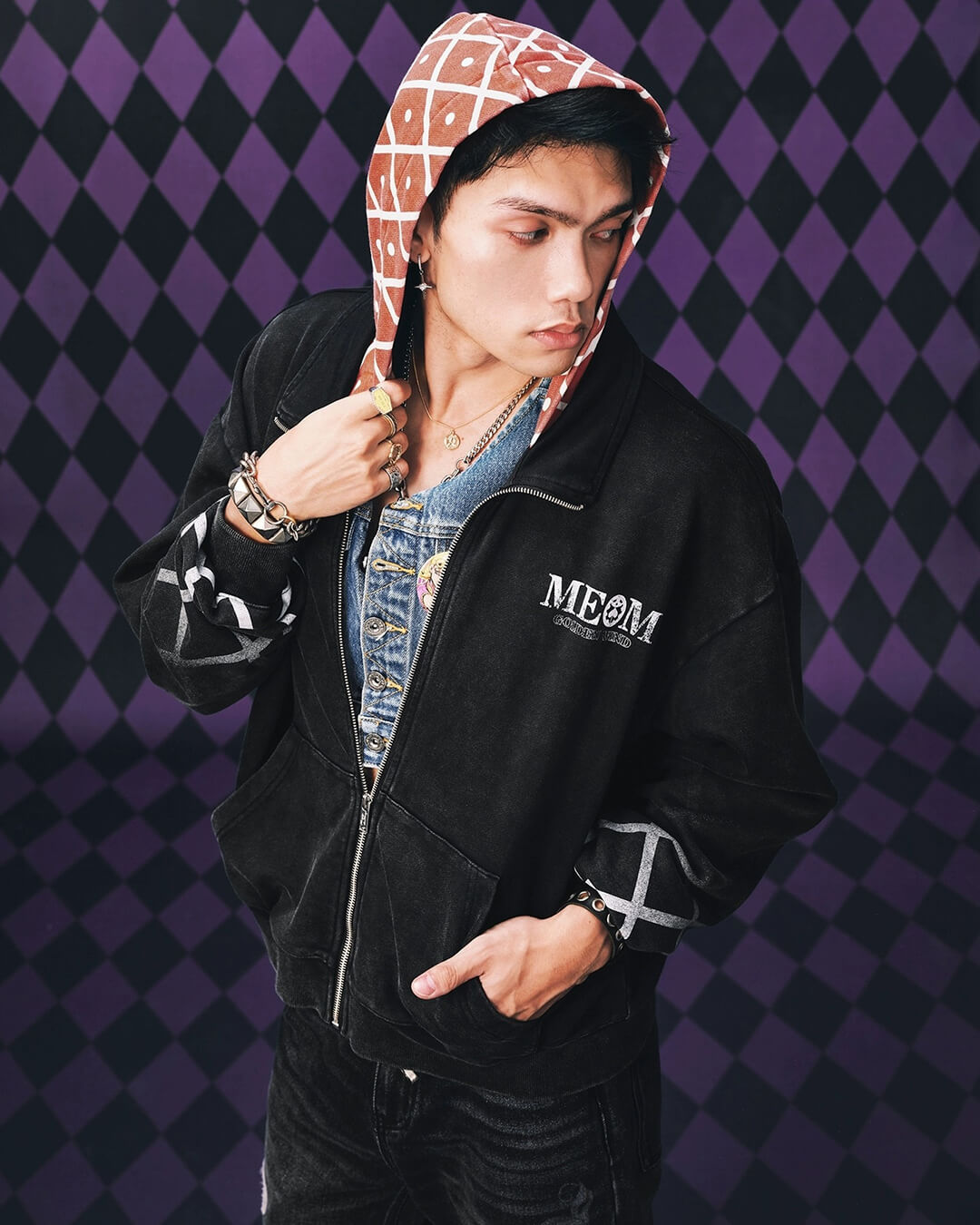 JOJO  Plaid Hooded Washed Zip Up Hoodie-Coordom