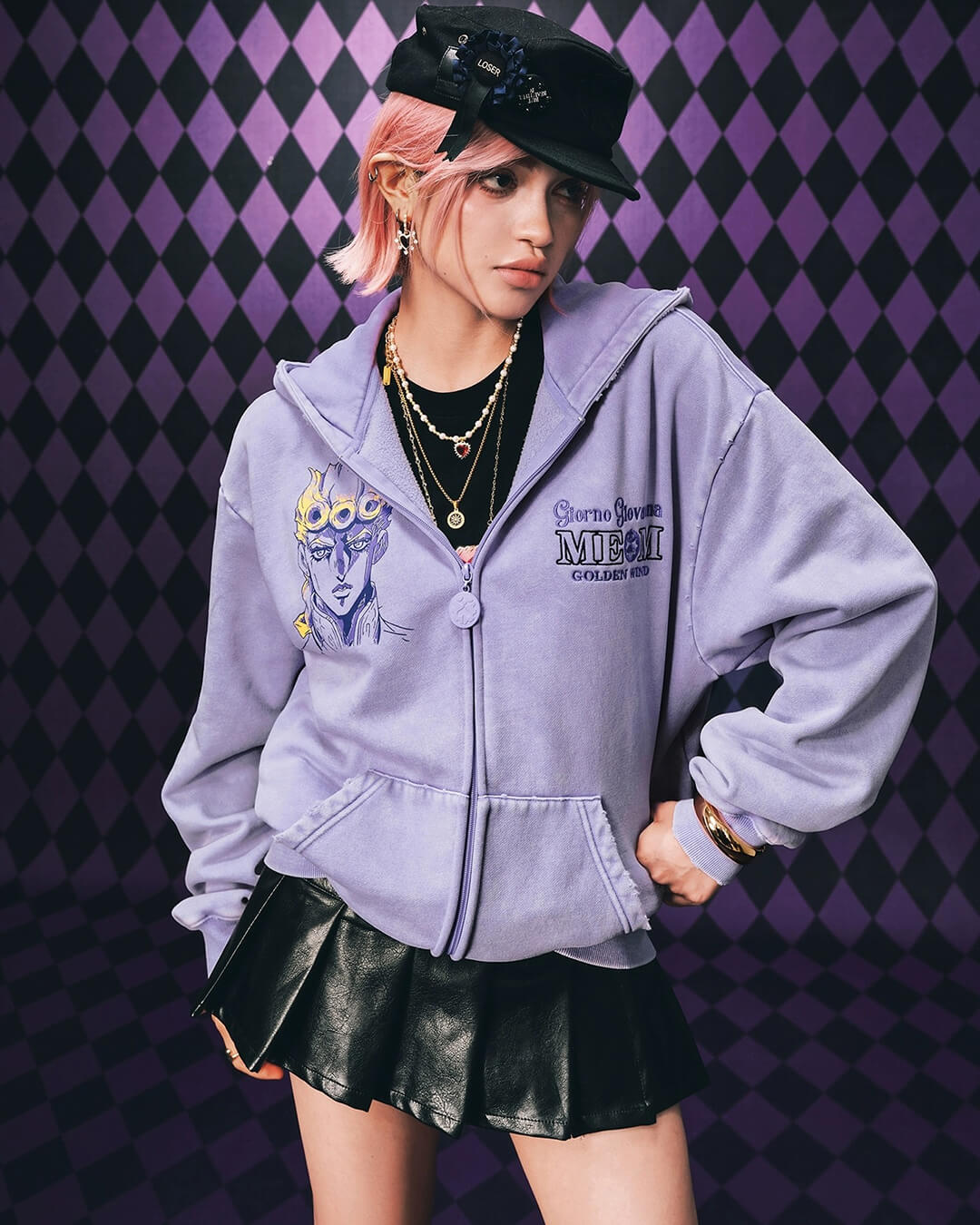 JOJO  Washed Graphic Print Zip Up Hoodie-Coordom