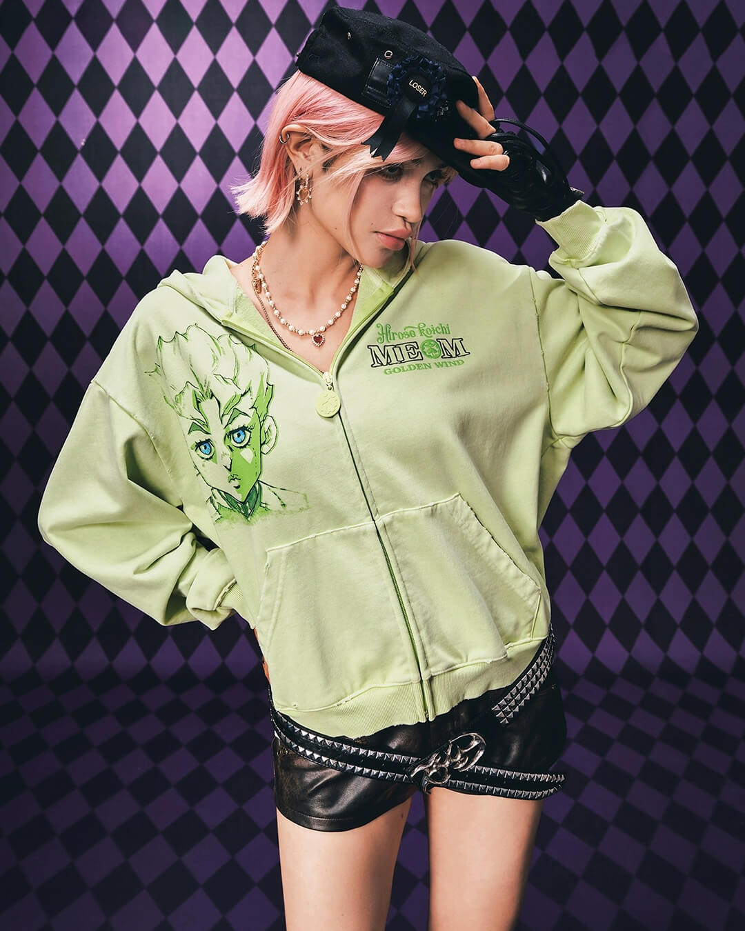 JOJO  Washed Graphic Print Zip Up Hoodie-Coordom