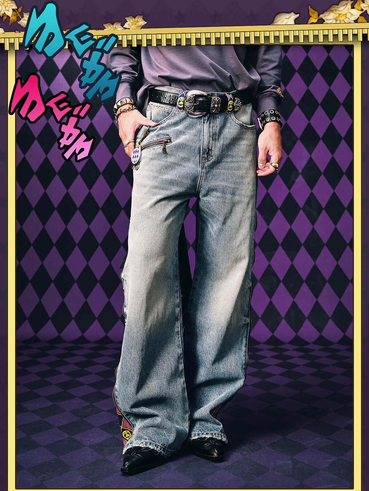 JOJO Side Zipper Checkered Washed Jeans | Anime Streetwear Baggy Denim-Coordom