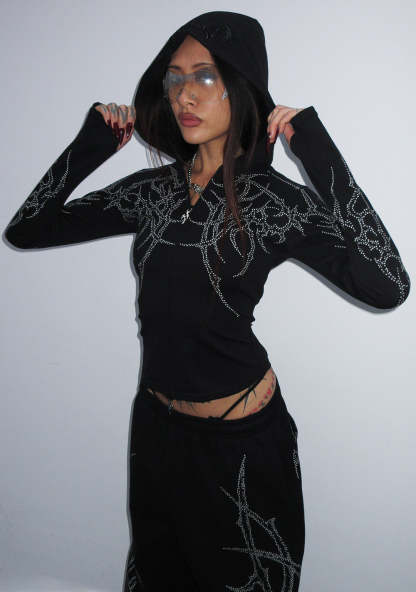 HAUNT STUDDED SCULPT STRETCH ZIP HOODIE BLACK-Coordom