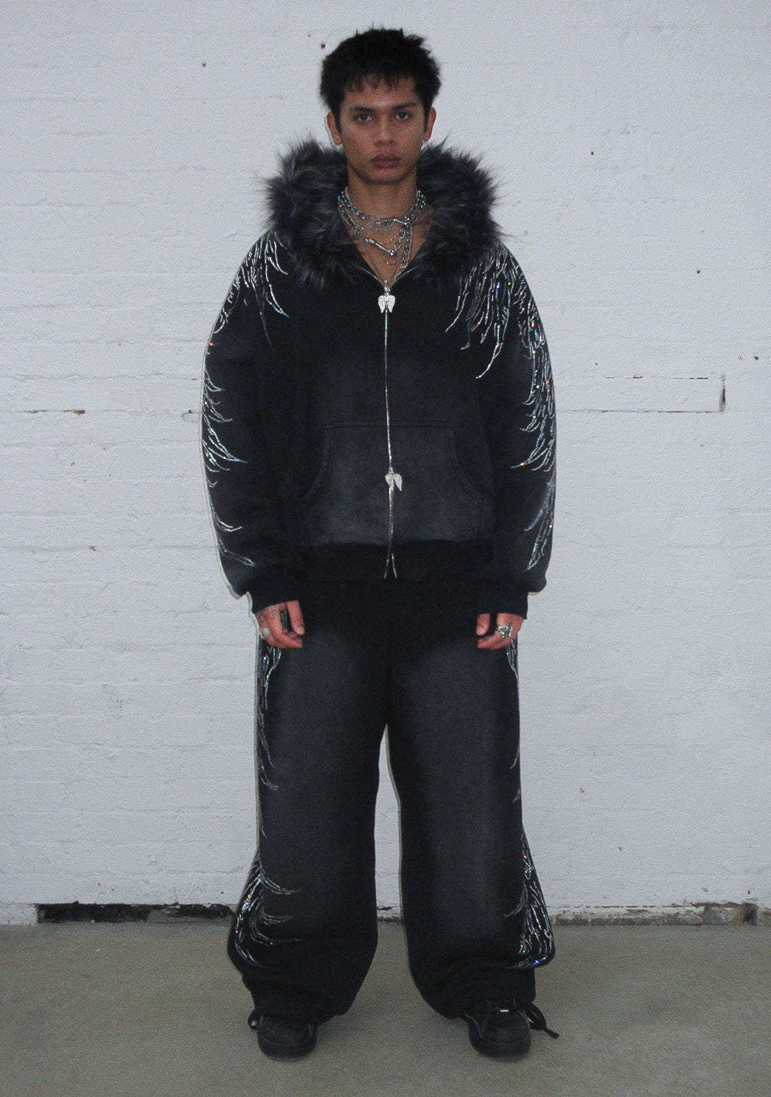 FALLEN FAUX FUR RHINESTONE ZIP HOODIE WASHED BLACK (DETACHABLE FUR)-Coordom