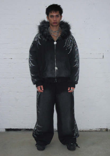 FALLEN FAUX FUR RHINESTONE ZIP HOODIE WASHED BLACK (DETACHABLE FUR)-Coordom