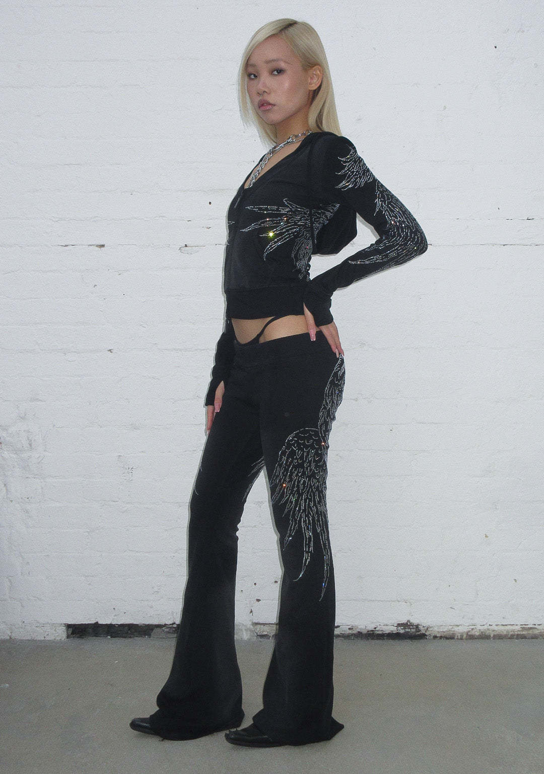 FALLEN RHINESTONE SCULPT PANTS WASHED BLACK-Coordom