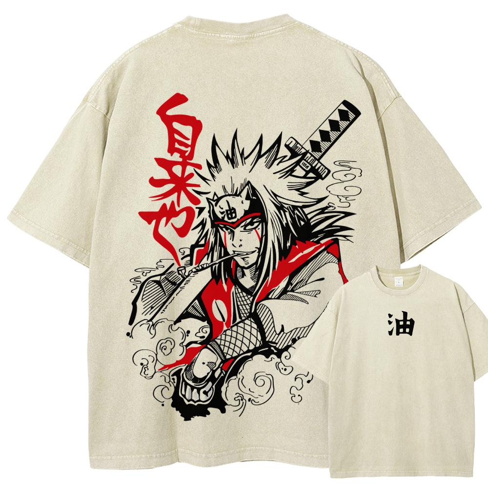 Naruto Sannin Jiraiya Printed Vintage Washed Tee Unisex Oversize Cotton T-shirt-Coordom