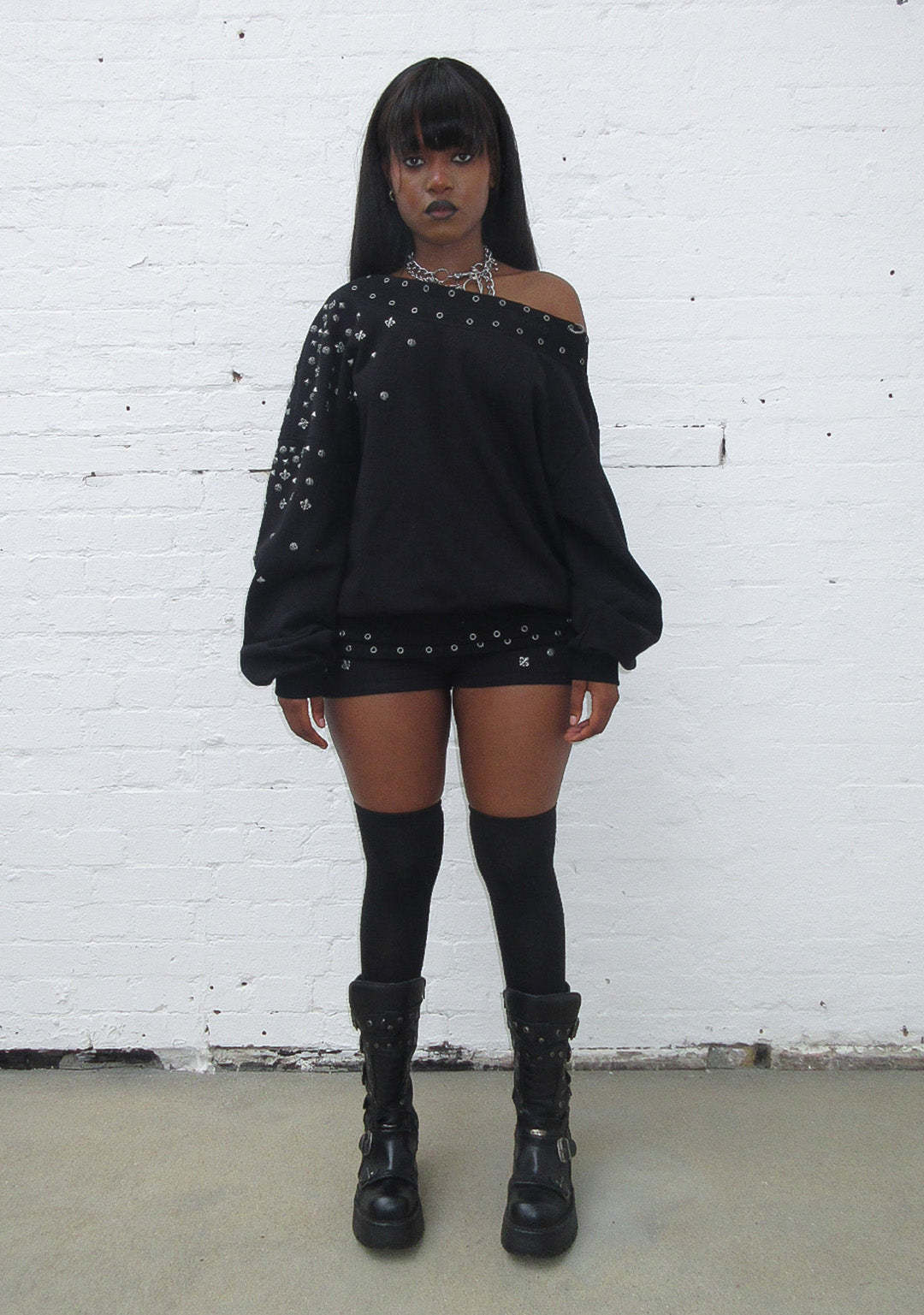 MIDNIGHT STUDDED OFF THE SHOULDER SWEATER BLACK-Coordom