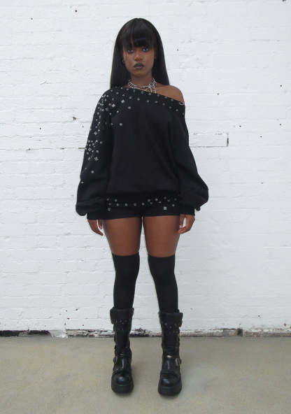 MIDNIGHT STUDDED OFF THE SHOULDER SWEATER BLACK-Coordom