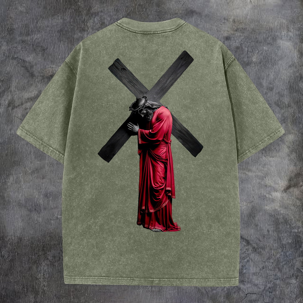 Cross - Bearing Figure Washed T-Shirt-Coordom