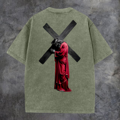 Cross - Bearing Figure Washed T-Shirt-Coordom