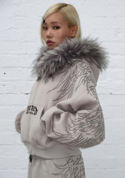 FALLEN FAUX FUR STUDDED CROP ZIP HOODIE BONE (DETACHABLE FUR)-Coordom