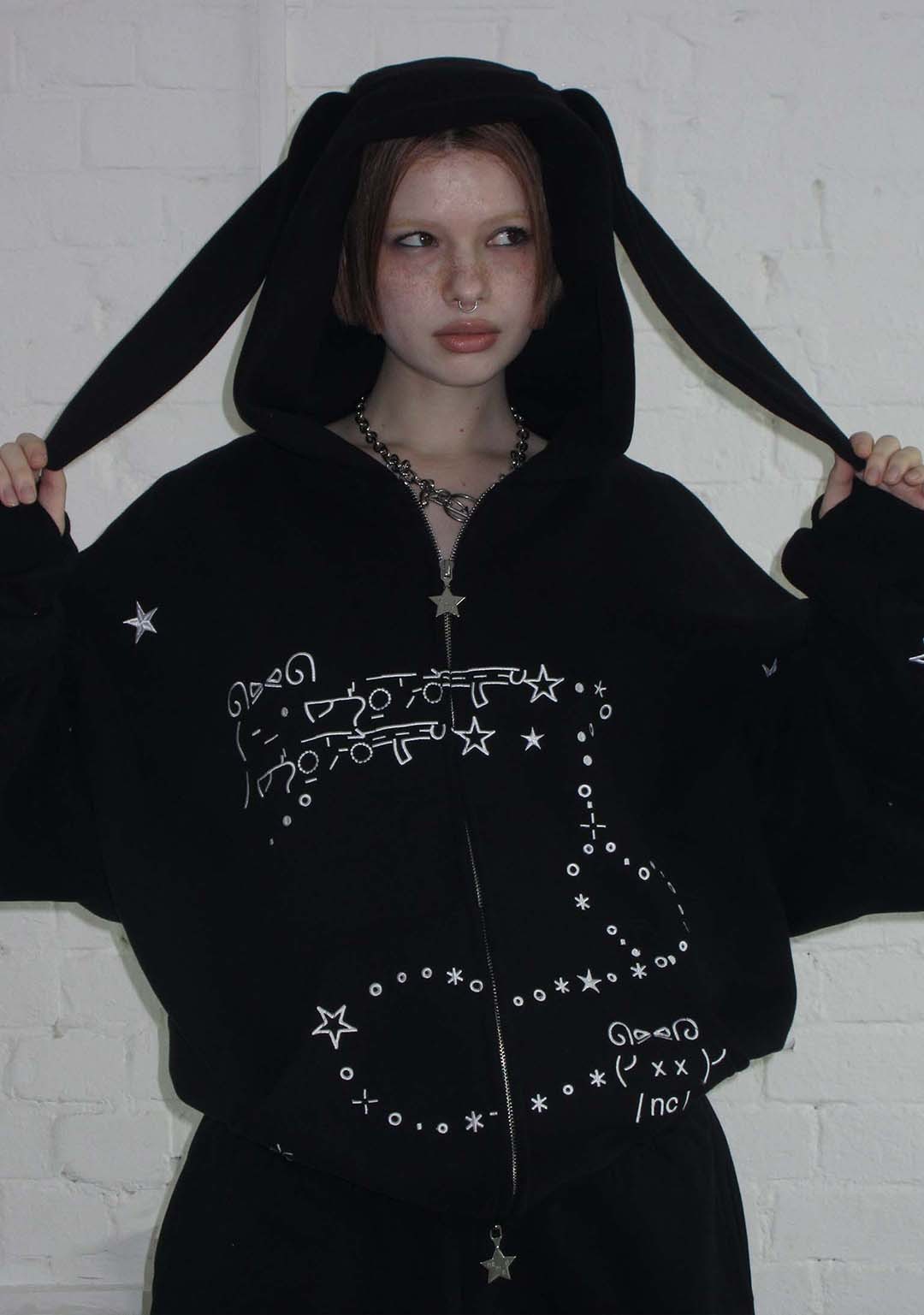 MALFUNCTION BUNNY ZIP HOODIE BLACK (DETACHABLE EARS)-Coordom