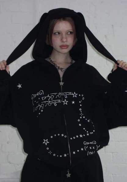 MALFUNCTION BUNNY ZIP HOODIE BLACK (DETACHABLE EARS)-Coordom