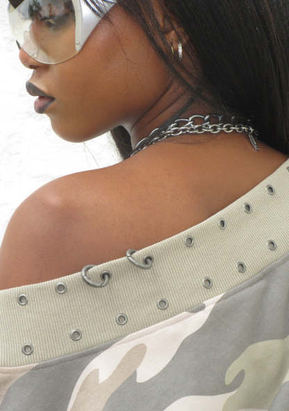 MIDNIGHT STUDDED OFF THE SHOULDER SWEATER CAMO-Coordom