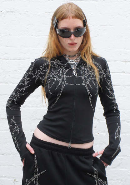 HAUNT STUDDED SCULPT STRETCH ZIP HOODIE BLACK-Coordom