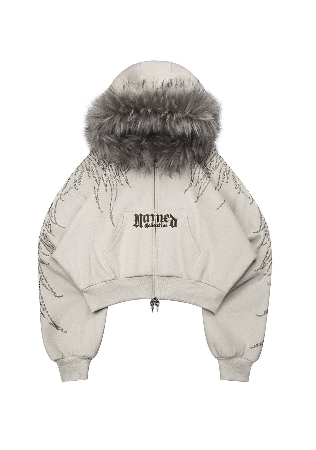 FALLEN FAUX FUR STUDDED CROP ZIP HOODIE BONE (DETACHABLE FUR)-Coordom