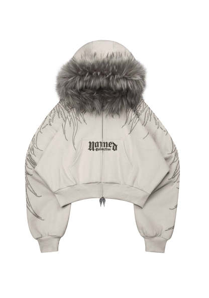 FALLEN FAUX FUR STUDDED CROP ZIP HOODIE BONE (DETACHABLE FUR)-Coordom