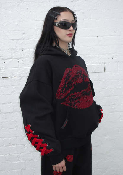 TEASE RHINESTONE KISS PULLOVER HOODIE BLACK-Coordom
