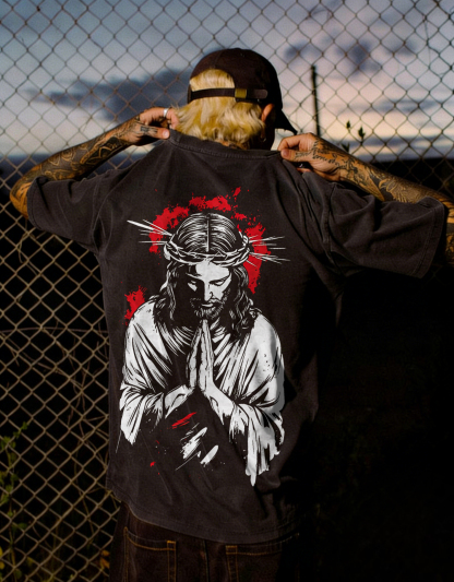 Praying Jesus With Crown Of Thorns Printed Men's Washed Tee-Coordom