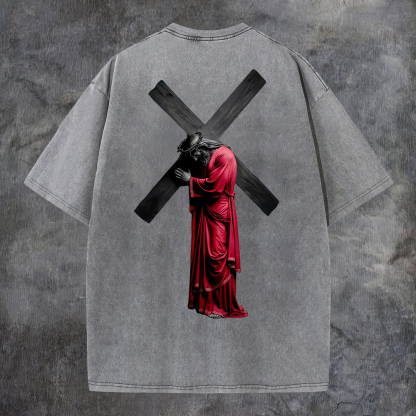Cross - Bearing Figure Washed T-Shirt-Coordom