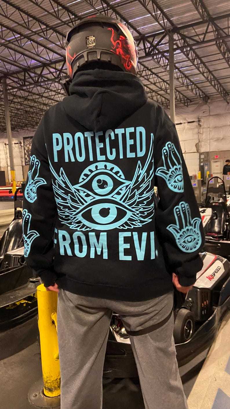 Protected From Evil Blue Reflective Hoodie - loose fit unisex nighttime essential riding pullover-Coordom