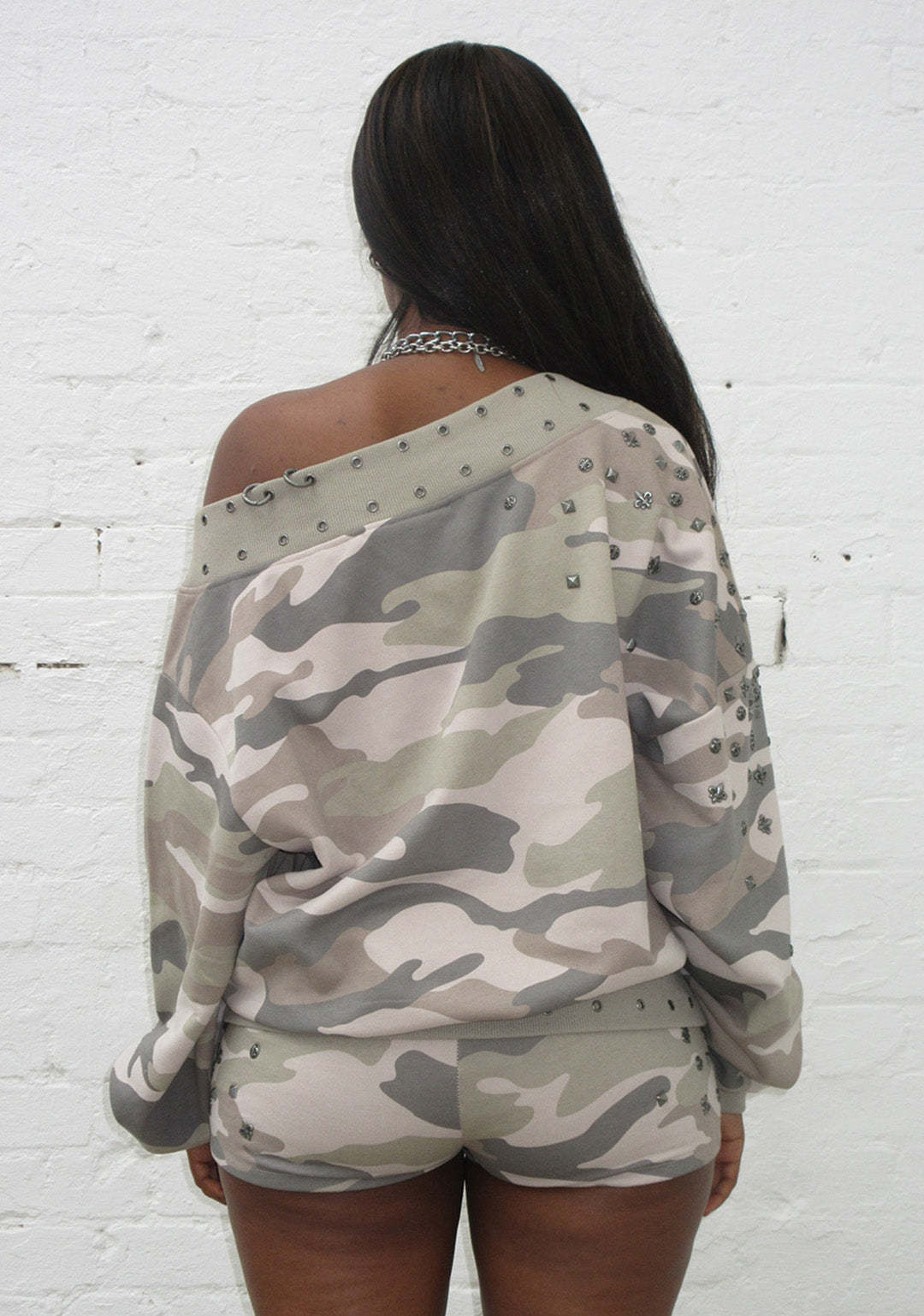 MIDNIGHT STUDDED OFF THE SHOULDER SWEATER CAMO-Coordom