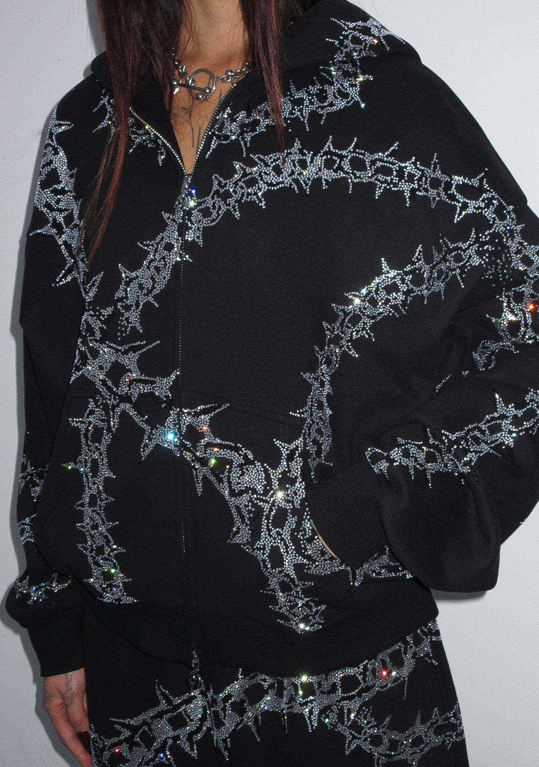  RHINESTONE ZIP HOODIE BLACK-Coordom