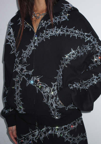  RHINESTONE ZIP HOODIE BLACK-Coordom