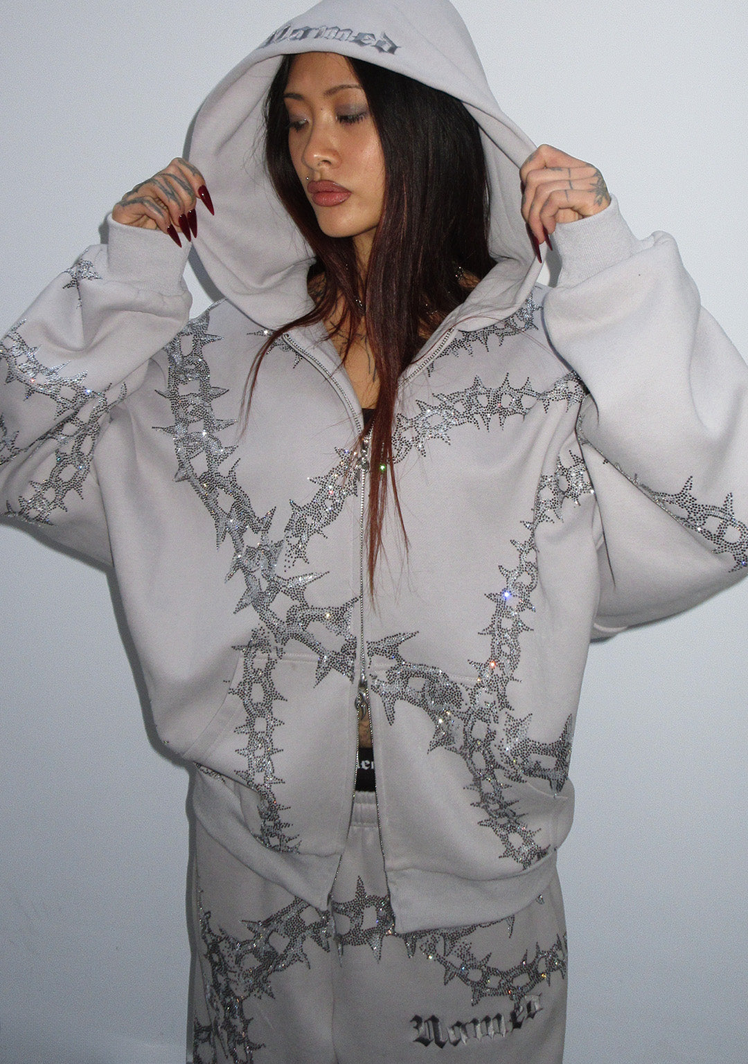  RHINESTONE ZIP HOODIE SMOKE GREY-Coordom
