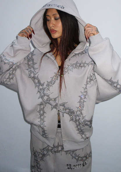  RHINESTONE ZIP HOODIE SMOKE GREY-Coordom