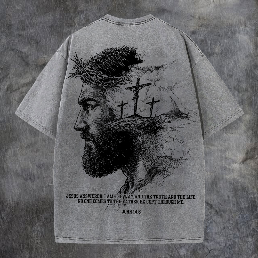 Jesus Answered I Am The Way And The Truth And The Life Printed Men's Washed Tee-Coordom