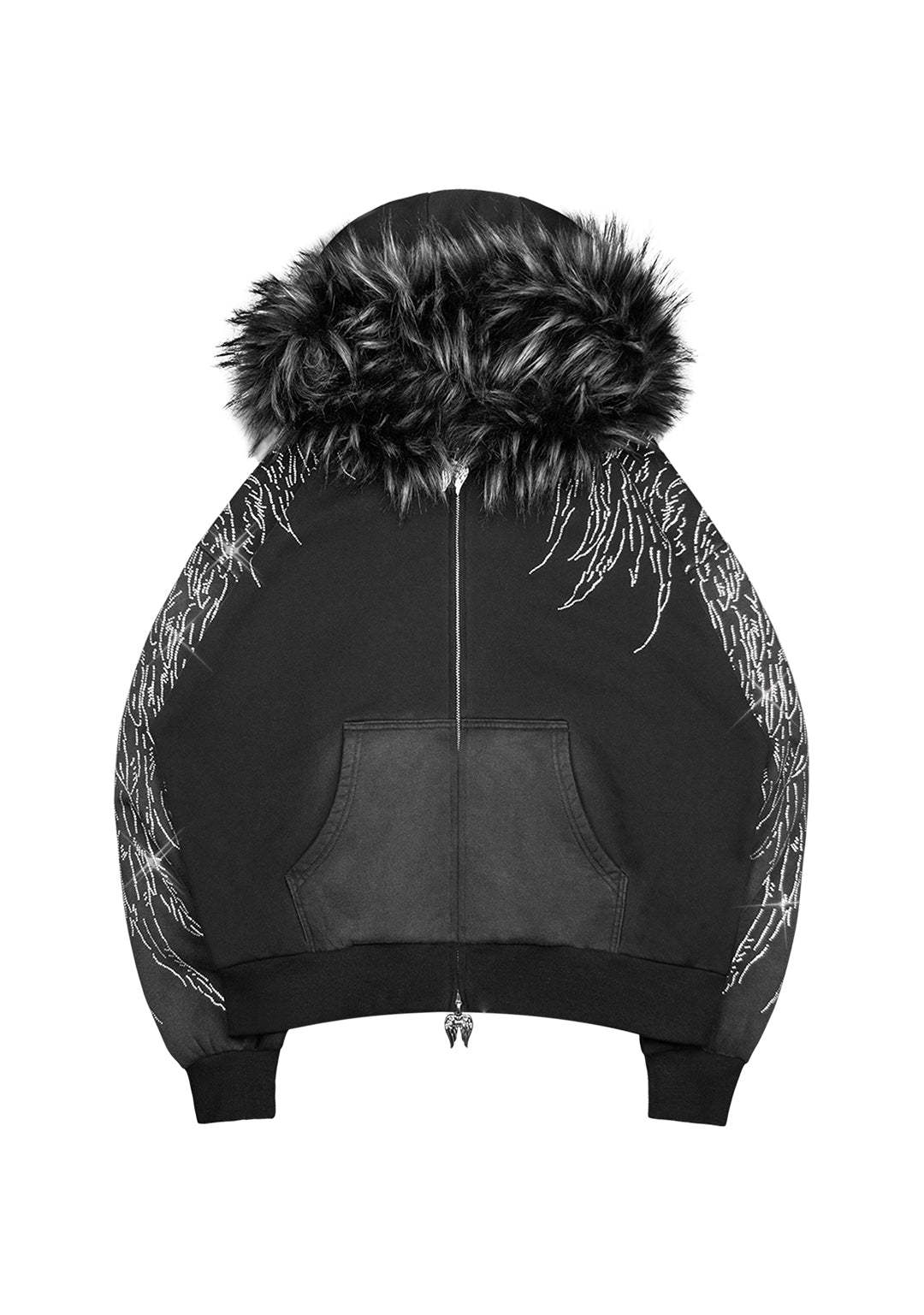 FALLEN FAUX FUR RHINESTONE ZIP HOODIE WASHED BLACK (DETACHABLE FUR)-Coordom