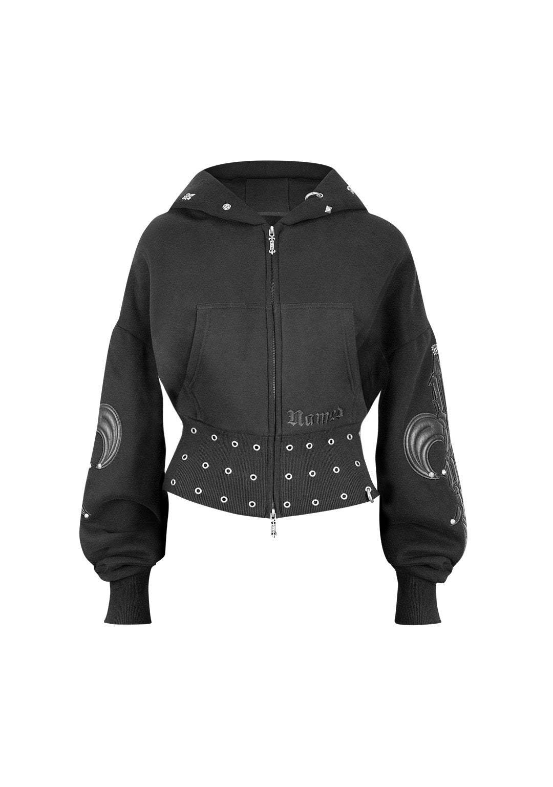 MIDNIGHT STUDDED FITTED WAIST ZIP CROP HOODIE BLACK-Coordom