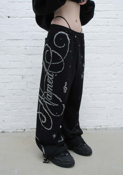 DREAMER RHINESTONE TEDDY OVERSIZED SWEATPANTS BLACK-Coordom