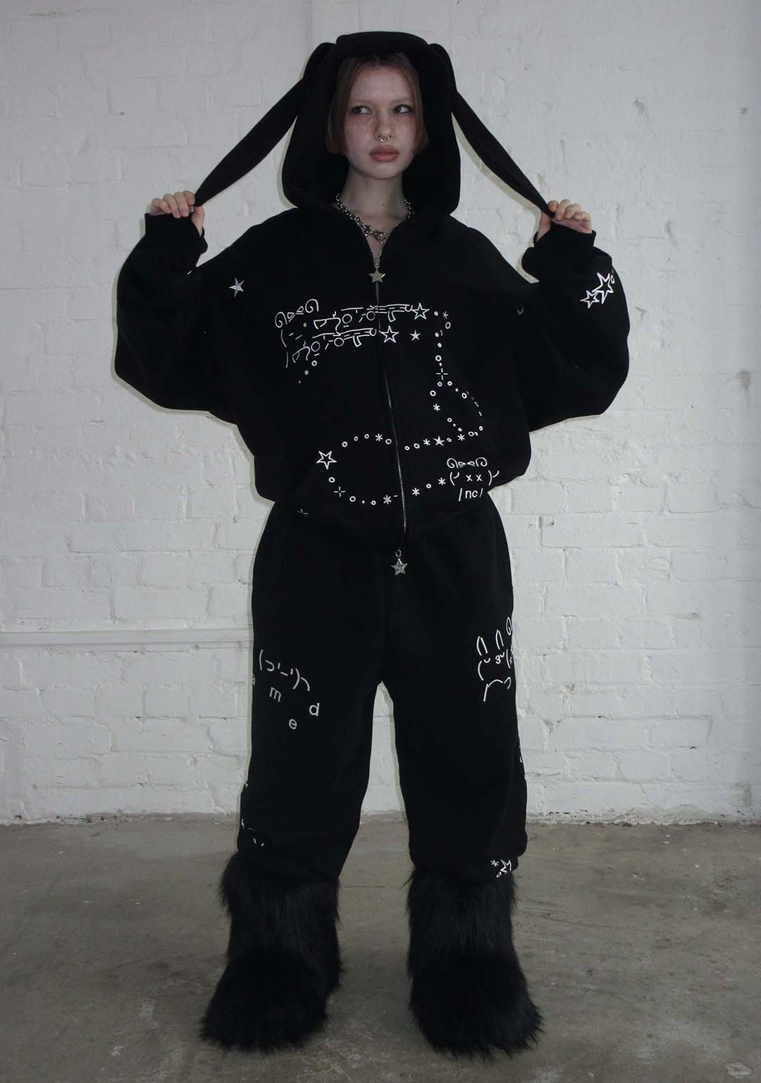 MALFUNCTION BUNNY ZIP HOODIE BLACK (DETACHABLE EARS)-Coordom