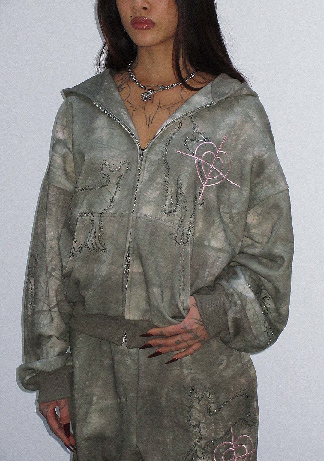 LOVESTRUCK RHINESTONE ZIP HOODIE CAMO-Coordom