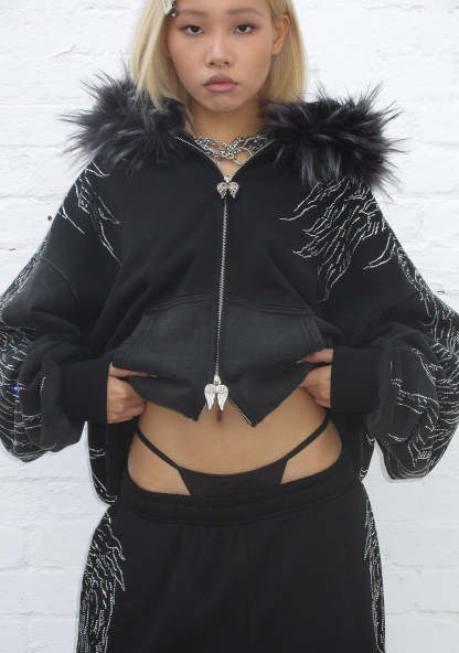 FALLEN FAUX FUR RHINESTONE ZIP HOODIE WASHED BLACK (DETACHABLE FUR)-Coordom