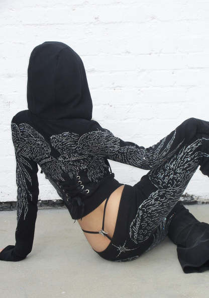 FALLEN RHINESTONE SCULPT HOODIE WASHED BLACK-Coordom