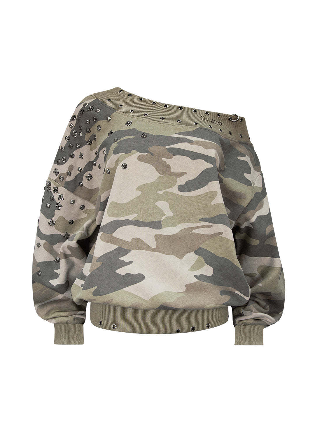 MIDNIGHT STUDDED OFF THE SHOULDER SWEATER CAMO-Coordom