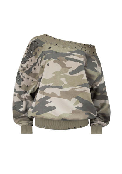 MIDNIGHT STUDDED OFF THE SHOULDER SWEATER CAMO-Coordom