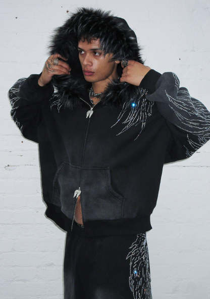 FALLEN FAUX FUR RHINESTONE ZIP HOODIE WASHED BLACK (DETACHABLE FUR)-Coordom