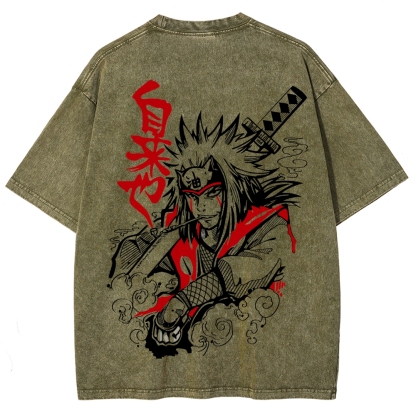 Naruto Sannin Jiraiya Printed Vintage Washed Tee Unisex Oversize Cotton T-shirt-Coordom