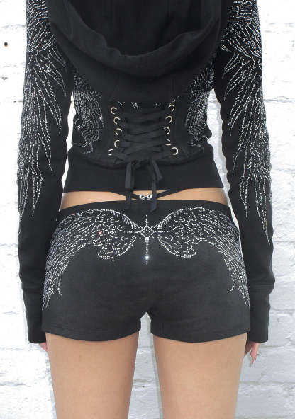 FALLEN RHINESTONE MICRO HOTPANT SHORTS WASHED BLACK-Coordom