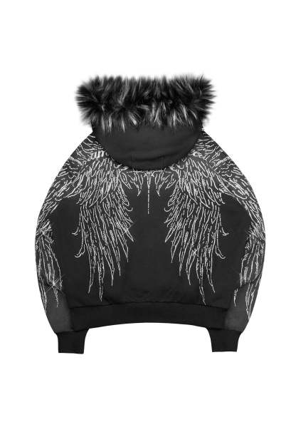 FALLEN FAUX FUR RHINESTONE ZIP HOODIE WASHED BLACK (DETACHABLE FUR)-Coordom
