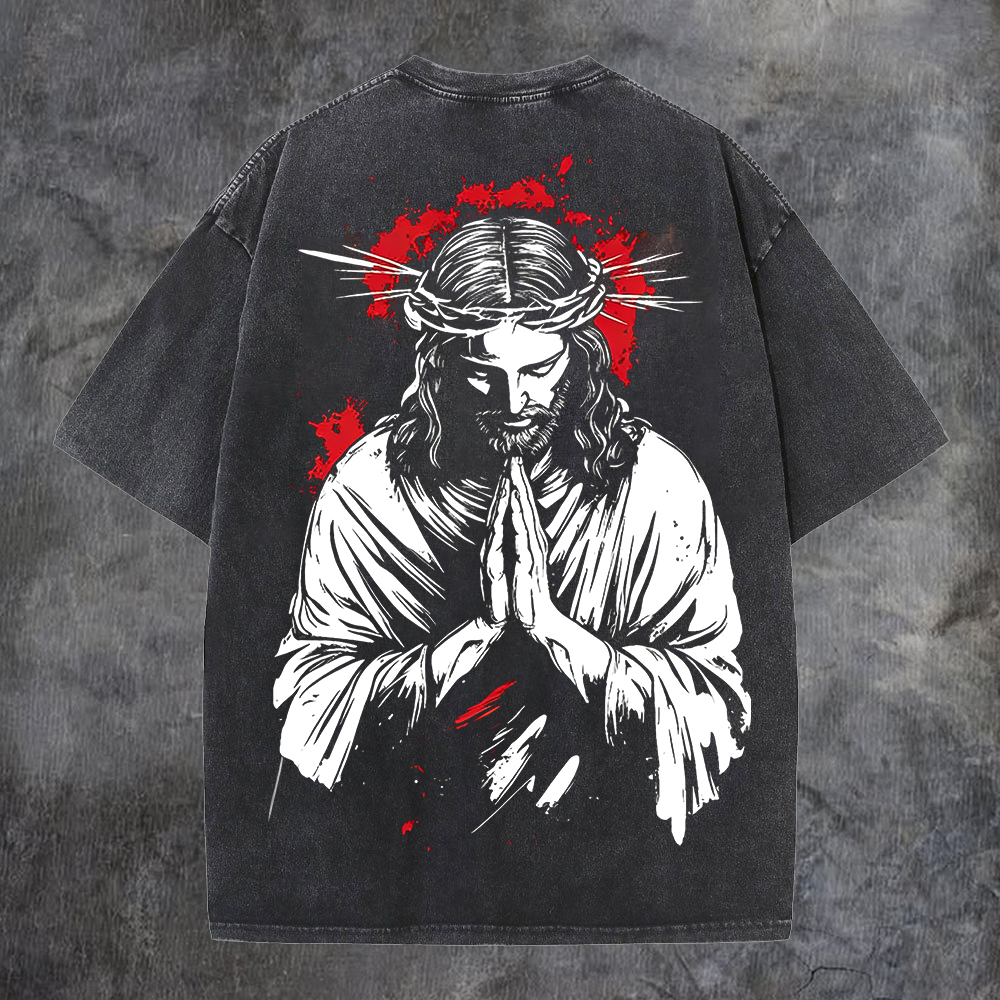 Praying Jesus With Crown Of Thorns Printed Men's Washed Tee-Coordom