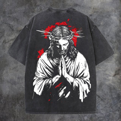 Praying Jesus With Crown Of Thorns Printed Men's Washed Tee-Coordom